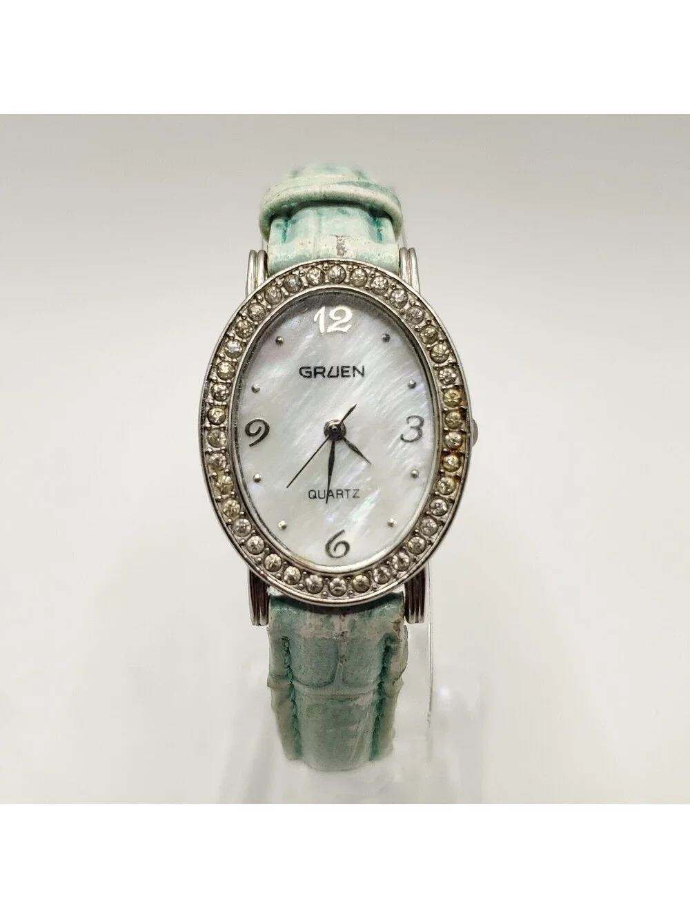 Gruen Rhinestone Bezel MOP Dial Womens Watch 24mm Oval New Battery
